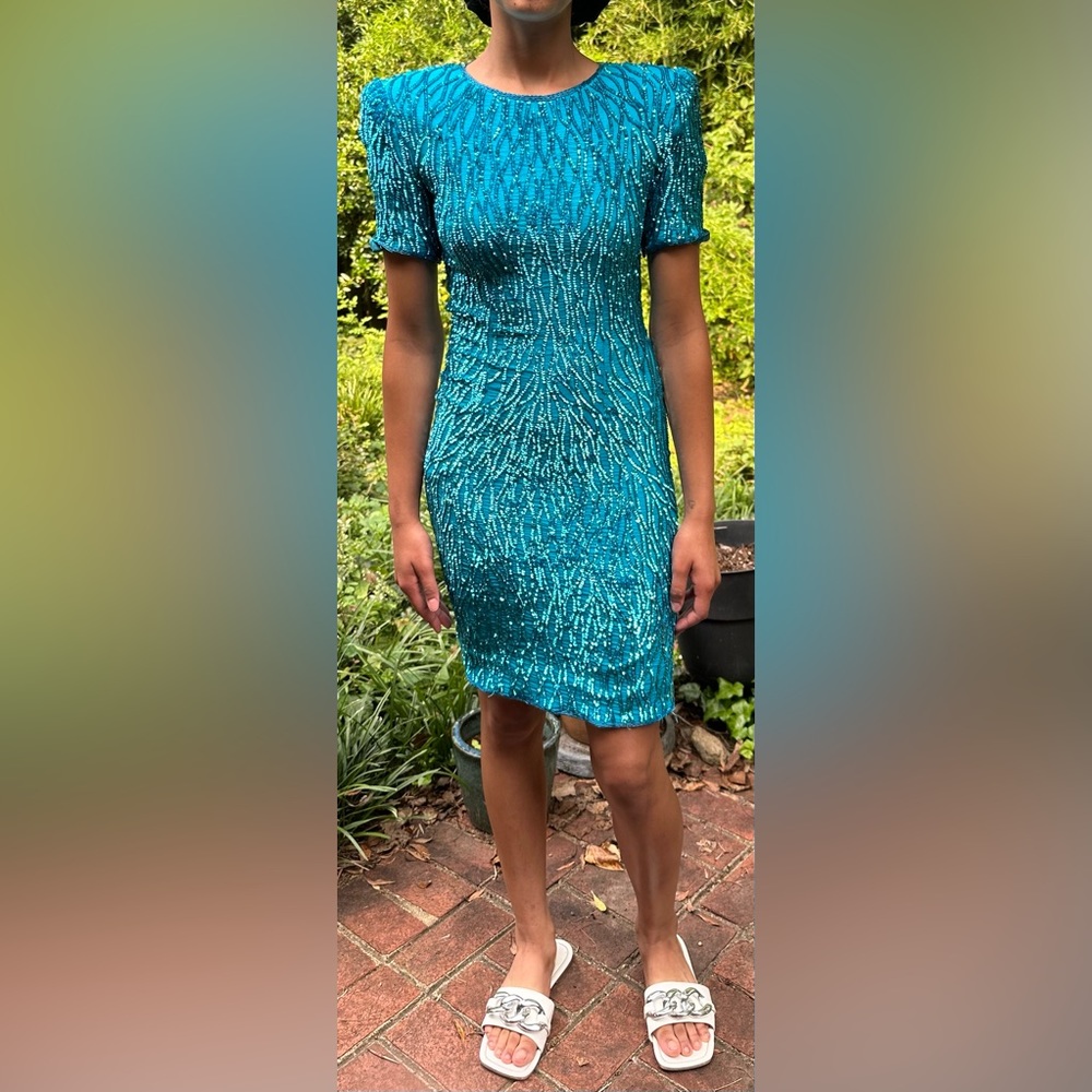 Stenay vintage blue sequin dress. Size 4, 100% silk with polyester lining.